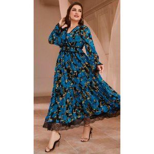 Floral Print Blue Lace Trim Flounce Sleeve Dress